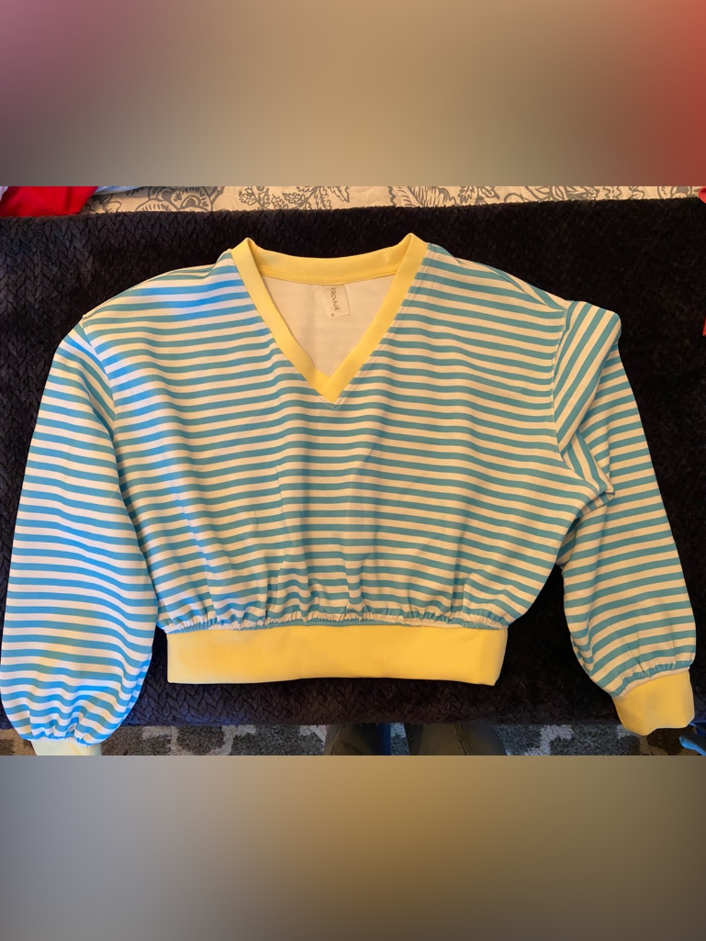 Altar'd State Aqua & White Striped Cropped Sweatshirt with Yellow Trim